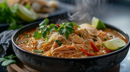 Spicy Thai soup with noodles, chicken, and herbs in a black bowl garnished with lime