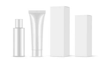 Obraz premium Cosmetic Tube And Plastic Bottle With Packaging Boxes, Isolated On White Background. Vector Illustration