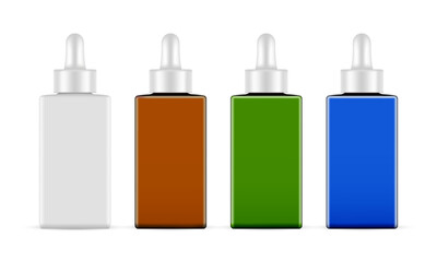 Set Of Rectangular Dropper Bottles, Blank, Amber, Blue, Green Mockup, Isolated On White Background. Vector Illustration