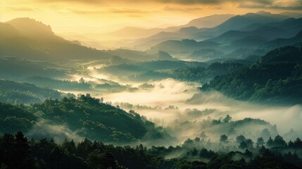 Scenic Mountain Landscape with Misty Valley in the First Light of the Sun