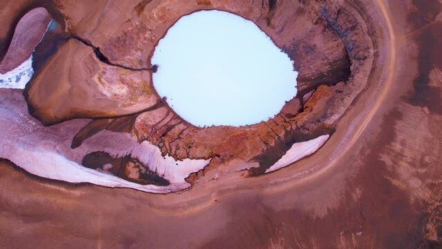 Viti Crater Lake Emerald Pool Aerial Shot Looking Straight Down. Askja Region Iceland Milky Water Red Volcanic Crater. High Quality 4K Color Corrected.