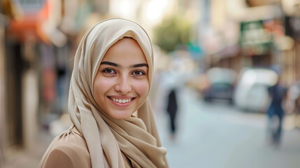Successful middle eastern businesswoman standing in big city modern skyscrapers dreaming on new opportunities