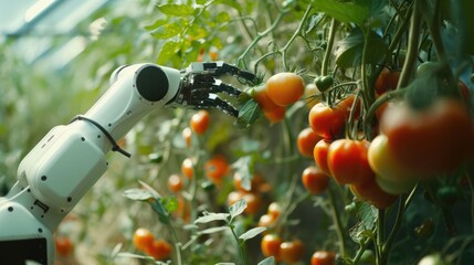 A robotic arm efficiently picks harvesting product, a type of vegetable, in a greenhouse to produce healthy and natural foods. AIG41 - obrazy, fototapety, plakaty