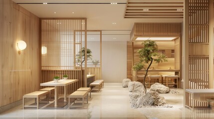 Zen-inspired sushi restaurant interior with clean lines, natural materials, and minimalist furnishings, fostering a serene and tranquil dining environment 