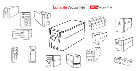 Set UPS Line art icon isolated on a white background. Uninterruptible power supply, Ups Icon Vector Illustration. power supply icon Set. Uninterruptible Power Supply Vector Art, Icons, and Graphics
