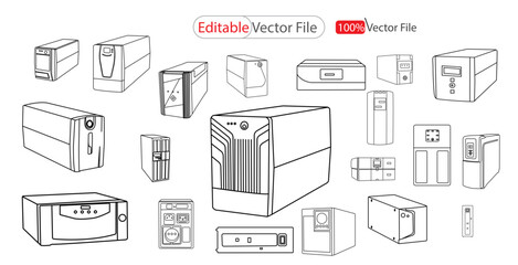 Set UPS Line art icon isolated on a white background. Uninterruptible power supply, Ups Icon Vector Illustration. power supply icon Set. long shadow, vector illustration Design
