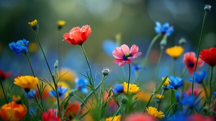 Colorful flowers in a meadow with green, yellow, and blue hues