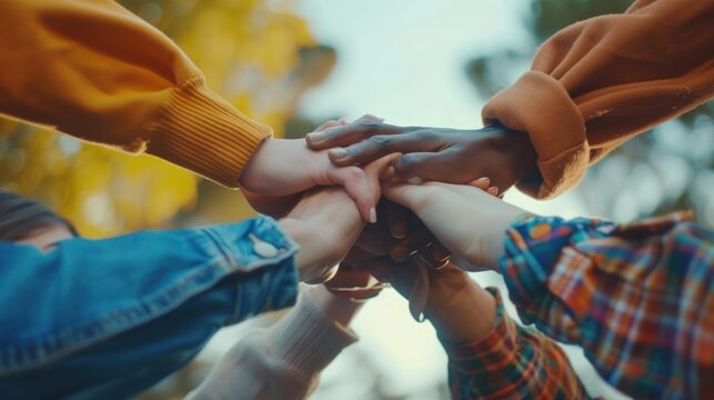 Community life style concept with Multi ethnic group of young people guys and girls hugging together holding hands outdoors - Unity, support and collaboration concept