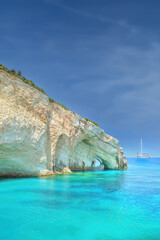 A view of the Blue Caves in Zakynthos, Greece