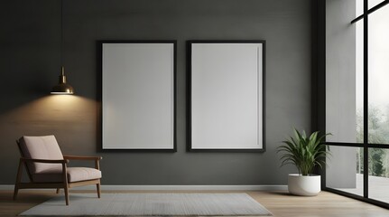 Single ISO A1 frame mockup, reflective glass, mockup poster on the wall of living room. Interior mockup. Apartment background. Modern interior design. 3D render