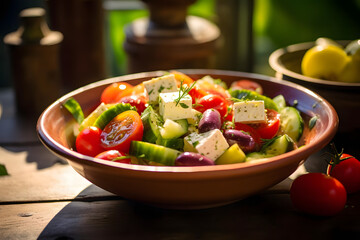 Greek Salad, Fresh cucumbers, tomatoes, olives, feta cheese - obrazy, fototapety, plakaty