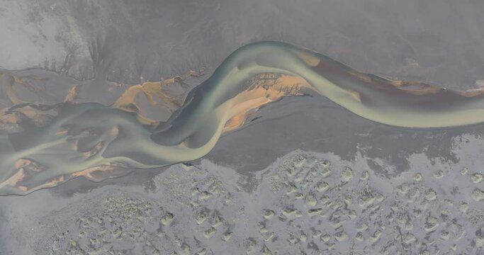 Aerial Top Upward Shot Of Braided River Stream Flowing On Landscape - Unknown, Iceland