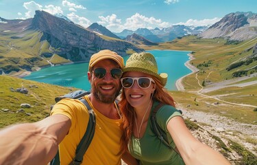 Young Couple hikers climbing the cliff taking selfie pic with smart mobile phone on top of the mountain - Sport, technology and travel life style concept