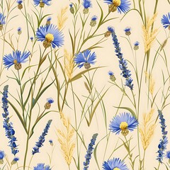 seamless pattern spikelets and cornflowers on a beige background, field wallpaper tile