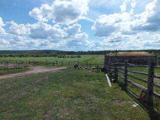 Landscape with fence sky grass nature field summer path clouds road fence green farm meadow. Landscape countryside rural hill cloud tree agriculture country track bridge scenic scene outdoors.