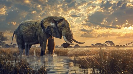 A large elephant is standing in a field of tall grass near a body of water - obrazy, fototapety, plakaty