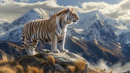 A tiger stands on a rocky mountain peak - obrazy, fototapety, plakaty