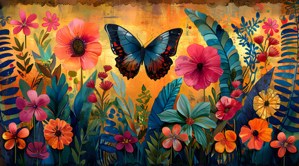 Fototapeta na wymiar Tropical Tapestry: Watercolor Scene with Bold Tapa Cloth Backdrop in Garden