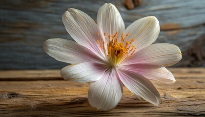 Fototapeta na wymiar solitary flower gracefully positioned atop a weathered wooden table, background wallpaper