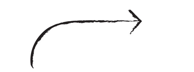 Black hand-drawn brush stroke arrow isolated on a white background.