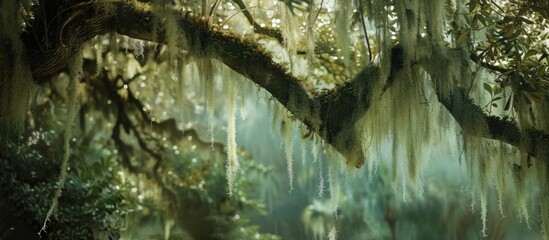 A tree covered with hanging moss in a dense woodland