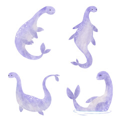 Nessie or Loch Ness Monster . Cute dinosaur cartoon characters . Watercolor paint design . Set 14 of 20 . Vector .