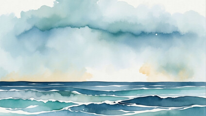 Minimalistic seascape drawing with watercolor brush and texture. - obrazy, fototapety, plakaty