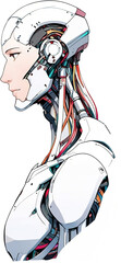 Anime Robotics and AI light blue color, Robot face and Brain create by electrical and quantum computer.. Machine Learning Artificial intelligence,. Humanoid head. Future concept. Male android face. 
