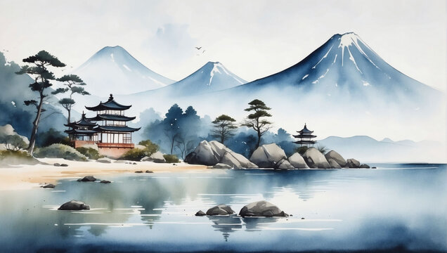 Minimalistic seaside landscape with watercolor brush in Japanese traditional style.