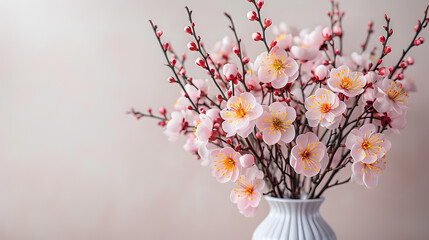 Pink cherry blossoms blooming in a vase on a smooth background