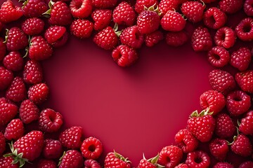 card frame raspberries in the shape of heart and red copy space background in the middle, concept...