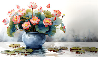 Pink lotus flowers in a vase, hand drawn watercolor on white background giving a feeling of calm.