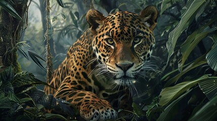 A jaguar is in a jungle setting, looking at the camera
