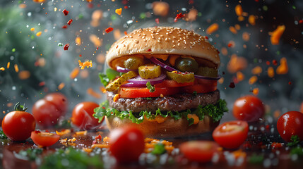 Hamburger  with cheese and lettuce tomato ketchup splash ingredients in air