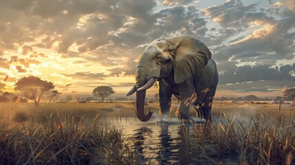 A large elephant is standing in a field of tall grass near a body of water