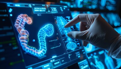 Small Intestine Testing Results On Digital Interface In Laboratory Or Surgical Background, Innovative Technology In Science And Medicine Concept. Medical Technology