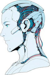 Anime Robotics and AI light blue color, Robot face and Brain create by electrical and quantum computer.. Machine Learning Artificial intelligence,. Humanoid head. Future concept. Male android face. 