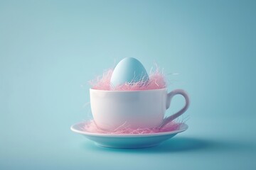 ??inimalistic conceptual art design photo of a blue chicken egg in a white coffee cup on a saucer, decorated with a pink sisal on a blue background. Copy space. Advertising design. . - obrazy, fototapety, plakaty
