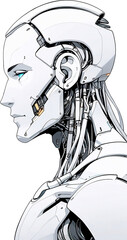Anime Robotics and AI light blue color, Robot face and Brain create by electrical and quantum computer.. Machine Learning Artificial intelligence,. Humanoid head. Future concept. Male android face. 