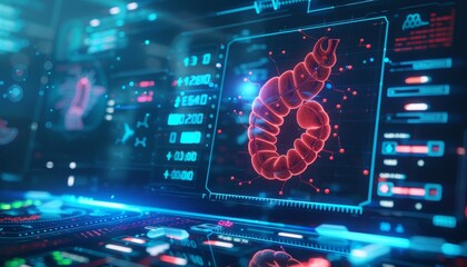 Small Intestine Testing Results On Digital Interface In Laboratory Or Surgical Background, Innovative Technology In Science And Medicine Concept. Medical Technology - obrazy, fototapety, plakaty