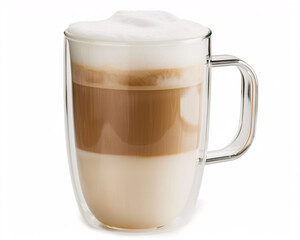A Vanilla Latte Elegantly Presented in Double-Walled Glass Against a Minimalist White Background