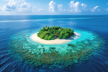 Top view of a small wooded island with a sandy beach. - obrazy, fototapety, plakaty