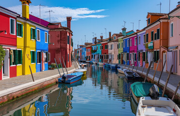 Fototapeta na wymiar A colorful row of houses along the canal in Burano, Italy with boats docked on both sides and blue sky above