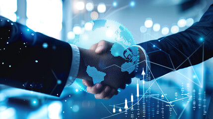 Businessmen handshake global stock market graph bar chart Digital innovative technology internet communication agreement partnership teamwork concept transformed