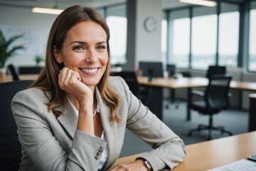 Smiling businesswoman with hand on chin sitting at office - Powered by Adobe