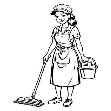Cleaning lady  . Fictional character . Black and white illustration. Generated by Ai