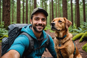 Happy Male hiker taking selfie through smart phone with dog at forest