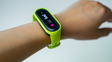 Close-up of a neon fitness tracker on a wrist showcasing health data