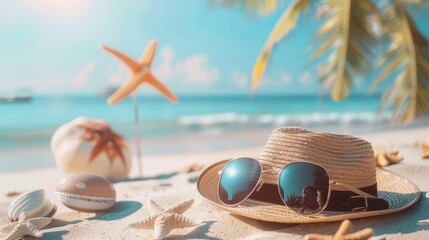 A beach scene with a hat, sunglasses, and starfish