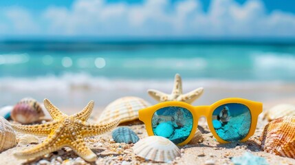 A pair of sunglasses is on a beach with a starfish and a shell